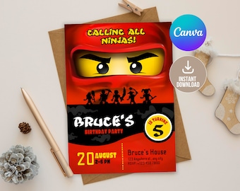 Editable Ninja Go Invitation Digital,Printable Red Ninja Birthday Party Invitation,Editable in Printable Download, Boy birthday, Red Ninja