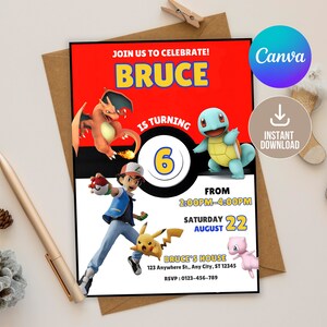Editable Pokemo Birthday Invitation Digital,Printable Pikach Birthday Party Invitation,Boys & Girls Birthday Invitation,Instant Download