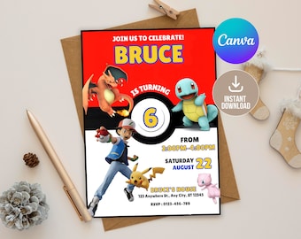 Editable Pokemo Birthday Invitation Digital,Printable Pikach Birthday Party Invitation,Boys & Girls Birthday Invitation,Instant Download