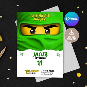 Bearbeitbare Ninja Go Einladung Digital, druckbare Einladung zur Grünen Ninja-Geburtsfeier, bearbeitbar in druckbarem Download, Jungengeburtstag, grüner Ninja