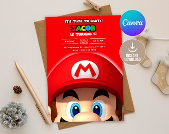 May include: A red and black birthday invitation featuring a cartoon character with a red hat and mustache. The text on the invitation reads "It's time to party! Jacob is turning 5! Friday 22 at 5 PM 123 Anywhere St., Any City, ST 12345 RSVP: 0123 456 7890"