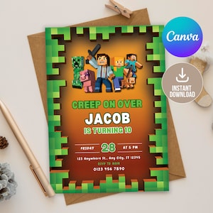 Editable Minecrafter Birthday Invitation Digital,Printable Minecrafter Birthday Party Invitation,Boy Birthday Invitation,Video Game Birthday