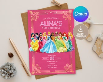 Invitación de cumpleaños de princesa editable digital, invitación imprimible para fiesta de cumpleaños de princesa, invitación de cumpleaños para niña, tarjeta de fiesta de princesa para niña