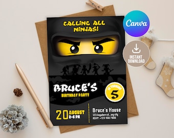 Editable Ninja Go Invitation Digital,Printable Black Ninja Birthday Party Invitation,Editable in Printable Download, Boy birthday,Dark Ninja