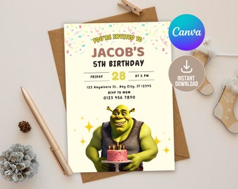 Bearbeitbare Shrek Geburtstagseinladung Digital, druckbare Shrek Geburtstagseinladung, Shrek Geburtstag Thema einladen, Kindergeburtstag, Jungen und Mädchen einladen