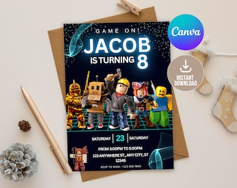 May include: A blue and black birthday invitation with a neon blue border. The invitation says "Game On! Jacob is turning 8" and features a group of Roblox characters. The invitation also includes the date, time, and RSVP information.