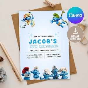Convite digital editável do aniversário do Smurf, convite imprimível da festa de aniversário do Smurf, convite da festa do Smurf, cartão da festa das meninas & do menino do Smurf