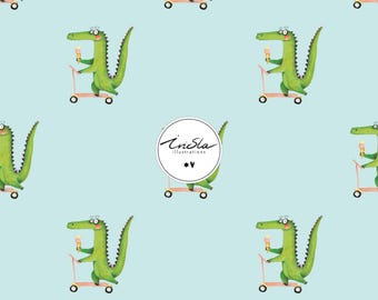 Crocodile with scooter - Pattern template, seamless repeat pattern, design for fabric printing and stationery;