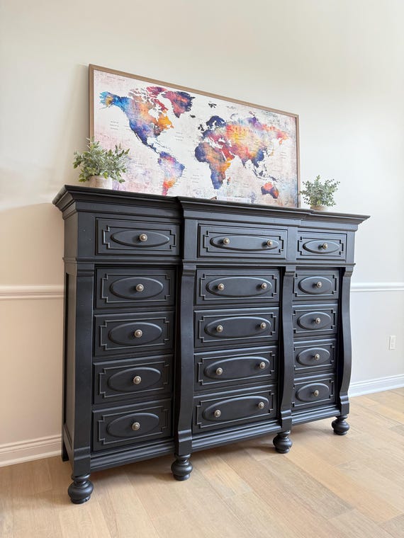 SOLD - Elegant Black Dresser with Burl Wood Top  Vintage Refinished  Statement Piece