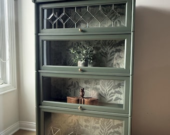 Moody Green Barrister Bookcase | Leaded Glass Bookcase | Restored Vintage Storage Cabinet | Custom Botanical Backing | Shipping Not Free