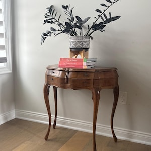 May include: A dark wood antique side table with curved legs and two small drawers. A potted plant with dark green leaves sits on top, along with a stack of books. The plant pot has a black and white geometric design.
