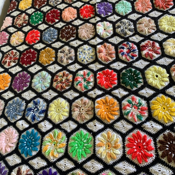 Vintage Afghan , hexagon and diamond , 3D flowers,