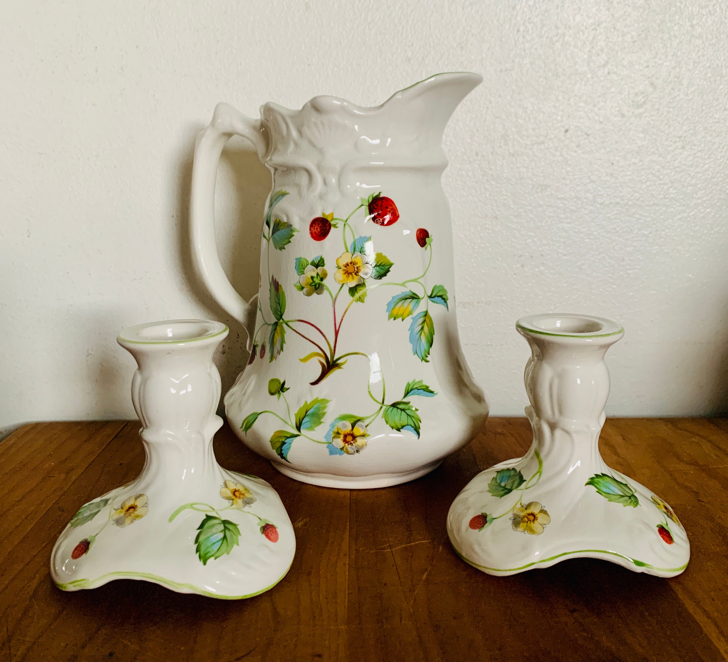 Vintage Old Foley Strawberry Pitcher and Candlestick Holder Set - Etsy