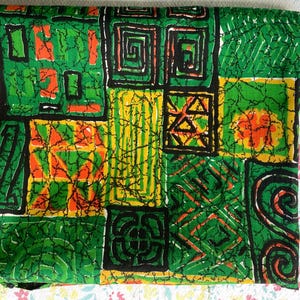 Vintage Mid-Century Block Print Fabric: Green, Yellow, Orange Squares (42” x 76”)