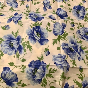 White with BLUE POPPIES fabric pieces, blue floral material, crafting, quilting, sewing,