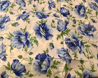 White with BLUE POPPIES fabric pieces, blue floral material, crafting, quilting, sewing,
