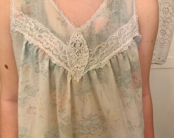 Miss Elaine, vintage nightgown, pastel floral, lace accent, sleeveless, size medium