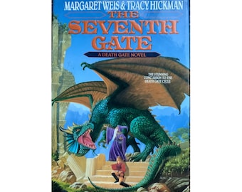 May include: The Seventh Gate book cover. A fantasy novel cover with a green dragon, a figure in purple robes, and a person in red clothing. The title is in orange and blue, with the authors' names at the top.