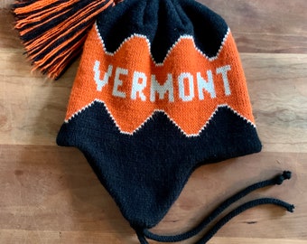 Vintage Wool Beanie, Orange and Black , winter hat, Vermont , 80s ski hat