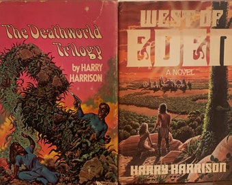 May include: Two paperback books by Harry Harrison. The book on the left is titled "The Deathworld Trilogy" and features a colorful illustration of a creature with tentacles. The book on the right is titled "West of Eden" and features a colorful illustration of a sunset over a landscape with two people standing on a hill.