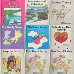 May include: A collection of nine children's books with colorful covers. The titles include "What is a Reptile", "Mountains and Volcanoes", "Yummy, Yummy", "The Goofy Ghost", "The Tooth Fairy", "Valentine's Day Grump", "Surprise Party", and "First Day of Spring".