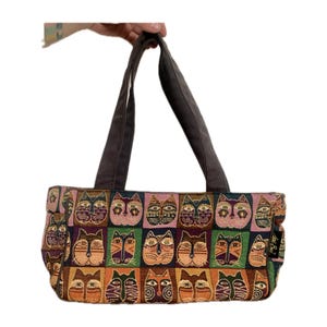 Monedero vintage Crazy Cat Lady, bolso de hombro con cierre de cremallera y diseño de gatos de Laurel Burch Tapestry, años 90