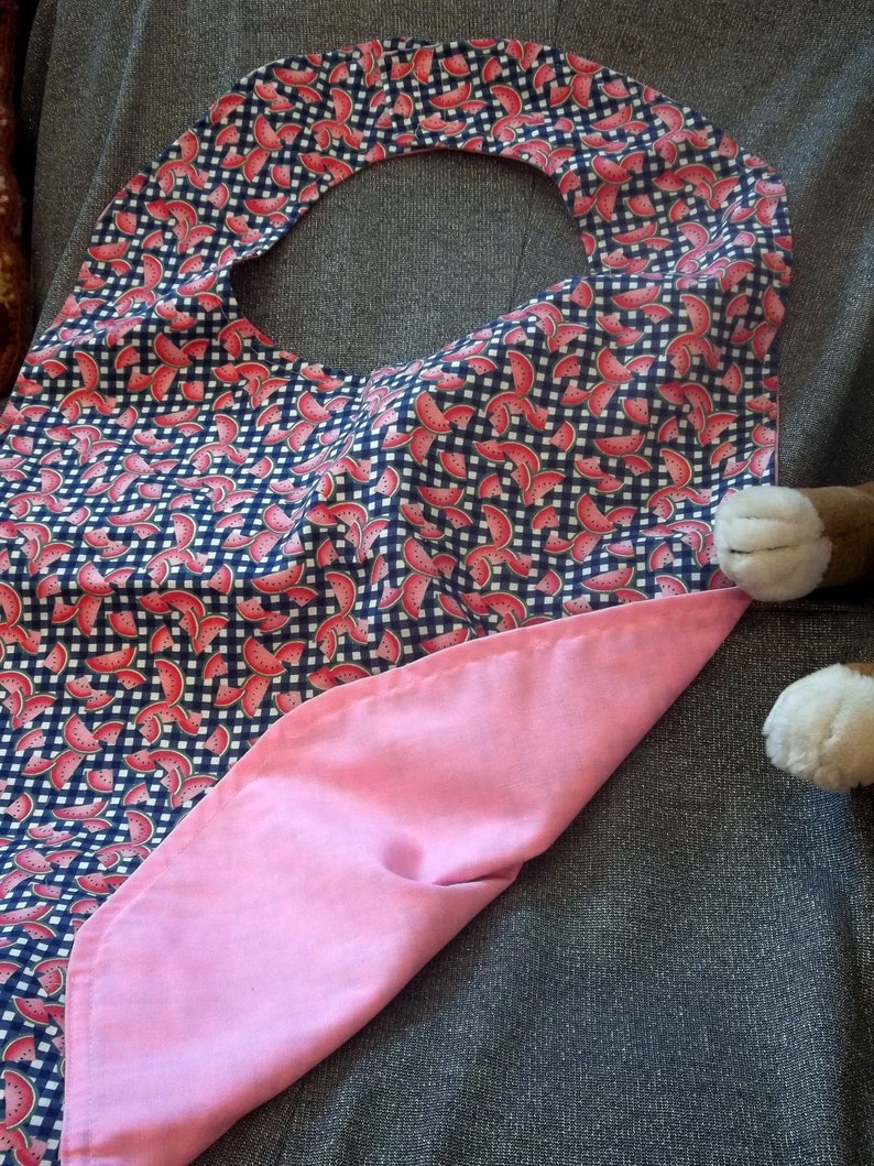 Watermelon Slices on Blue Check Print Senior Reversible Dining Bib