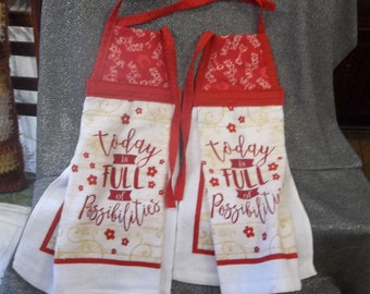 Hanging Printed Novelty Kitchen Tie Towels, Woof Woof on Red Print Top