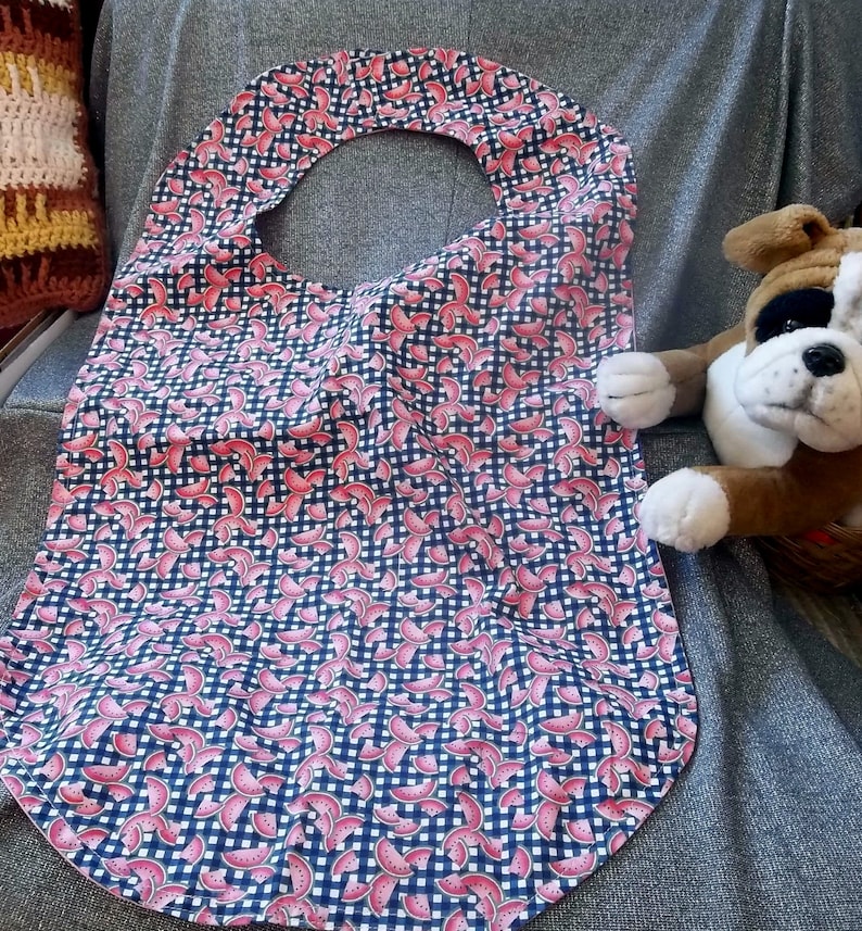 Watermelon Slices on Blue Check Print Senior Reversible Dining Bib