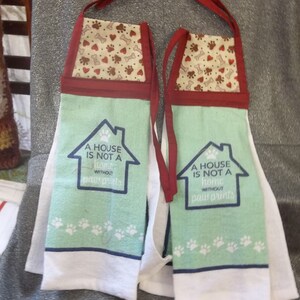 Hanging Printed Novelty Kitchen Tie Towels, Paws Hearts Bones on Tan Print Top image 1