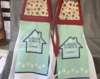 Hanging Printed Novelty Kitchen Tie Towels, Paws Hearts Bones on Tan Print Top