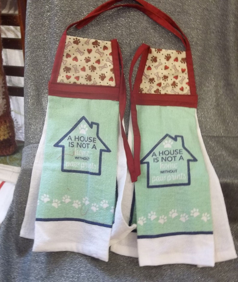 Hanging Printed Novelty Kitchen Tie Towels, Paws Hearts Bones on Tan Print Top image 1