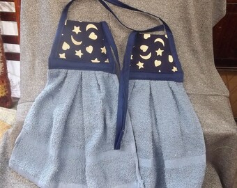Hanging Kitchen Tie Towels, Stars Moons Hearts on Navy Print Top