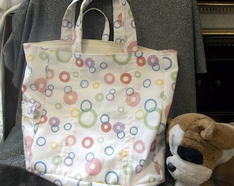 Cotton Grocery Market Tote Bag, Lined, Multicolored Circles on White Canvas Print