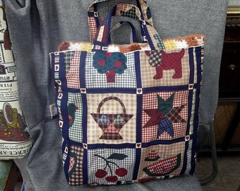 Quilt Squares and Hearts Fall Print, Grocery Shopping Tote Bag