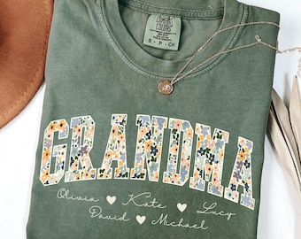 Comfort Colors® Personalized Floral Grandma Shirt, Custom Grandkids' Names T-shirt, Mothers Day Tee