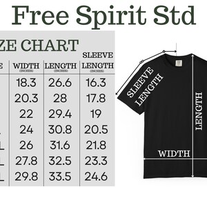 May include: Black t-shirt with size chart. The chart shows measurements in inches for width, length, and sleeve length for sizes S through 4XL. The text "Free Spirit Std" is at the top.