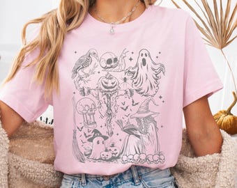 Comfort Colors® Retro Ghostly Halloween T-Shirt, Spooky Shirt, Vintage Halloween Aesthetic, Witchy Pumpkin Ghost Skeleton Tee