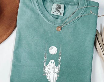 Comfort Colors® Moonlit Ghost on a Swing T-Shirt | Gift for Spiritual Seekers, Astrology Enthusiasts, Halloween Aesthetic Shirt