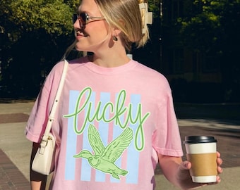Comfort Colors® Striped Lucky Duck Shirt, Flying Mallard Tee, Preppy Summer Tee, Summer Life Tee