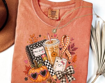 Comfort Colors® Custom Fall Teacher Shirt, Personalized Halloween Gift T-Shirt, Coffee Ghost Pumpkin Tee
