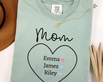 Comfort Colors® Personalized Mom Shirt, Custom Kids Names Heart Tee, Minimalist Mama Gift