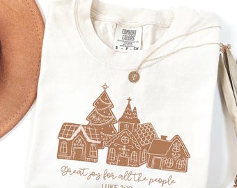 Comfort Colors® Christian Christmas Shirt, Great Joy Luke 2:10 T-Shirt, Gingerbread Church Tee, Religious Xmas Gift