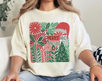 Comfort Colors® Boho Floral Merry and Bright T-shirt, Boho Floral Christmas Shirt, Merry and Bright Holiday Tee, Nature Lover Christmas Gift