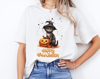Halloween Katzen T-Shirt - Süßes schwarzes Kätzchen Hexe T-Shirt für Erwachsene & Kinder, gruseliges Shirt, Geschenk für Katzenliebhaber, Süßes oder Saures Kostüm, festliches T-Shirt