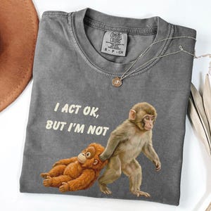May include: A gray Comfort Colors t-shirt with the text "I ACT OK, BUT I'M NOT" and a graphic of two monkeys. One monkey is pulling the other. A silver necklace with a pendant is on the shirt.