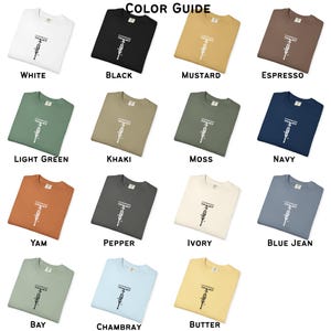 May include: A color guide featuring a variety of sweatshirts in different colors, including white, black, mustard, espresso, light green, khaki, moss, navy, yam, pepper, ivory, blue jean, bay, chambray, and butter. Each sweatshirt has a bicycle graphic.