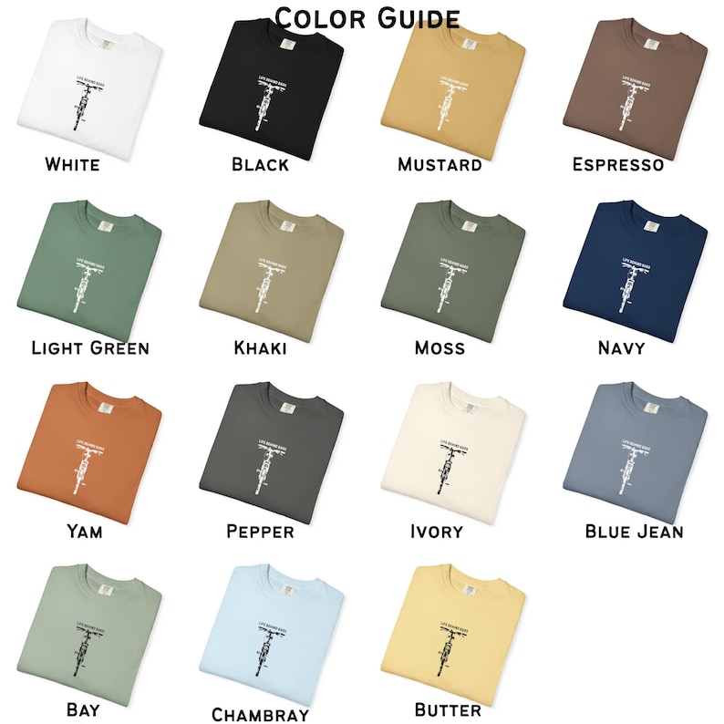 May include: A color guide featuring a variety of sweatshirts in different colors, including white, black, mustard, espresso, light green, khaki, moss, navy, yam, pepper, ivory, blue jean, bay, chambray, and butter. Each sweatshirt has a bicycle graphic.