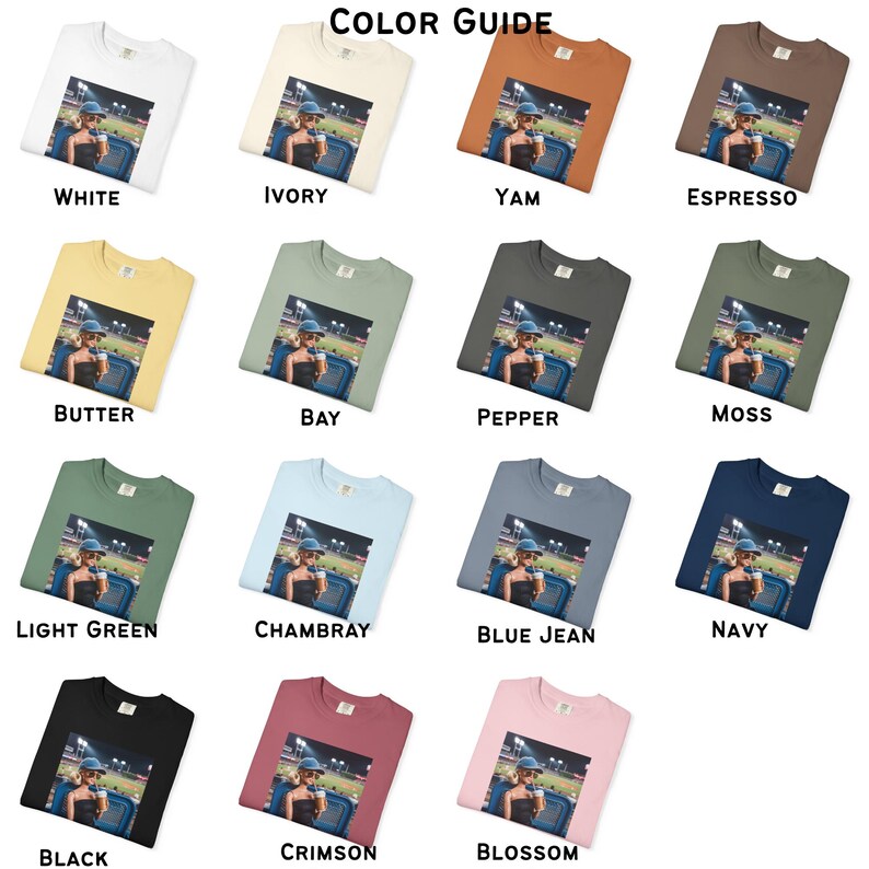 Pu&ograve; includere: Una collezione di magliette in vari colori, ognuna con una fotografia. I colori includono bianco, avorio, igname, espresso, burro, baia, pepe, muschio, verde chiaro, chambray, blu jeans, blu navy, nero, cremisi e fioritura. Il testo "COLOR GUIDE" &egrave; in alto.