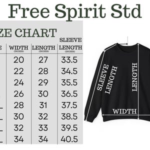 Pode incluir: Camisola preta com tabela de tamanhos. A tabela mostra as medidas em polegadas para largura, comprimento e comprimento da manga, do tamanho S ao 5XL. O texto "Free Spirit Std" est&aacute; no topo.